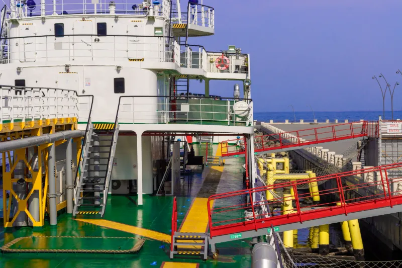 Tanker deck with pipework, walkways and deck equipment